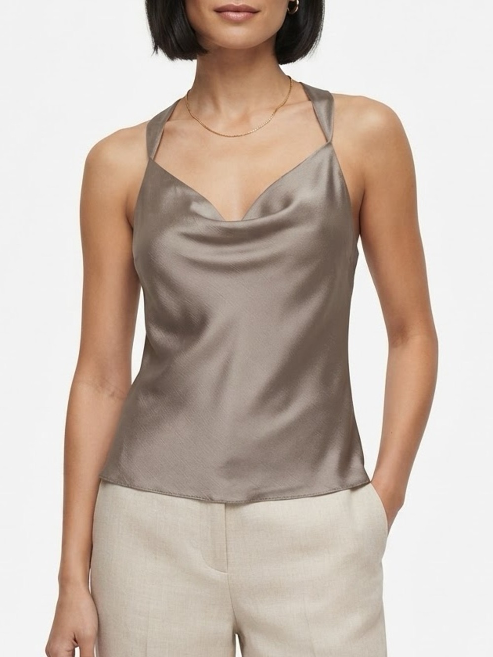 Satin Cowl Plunging Neck Camisole in Taupe